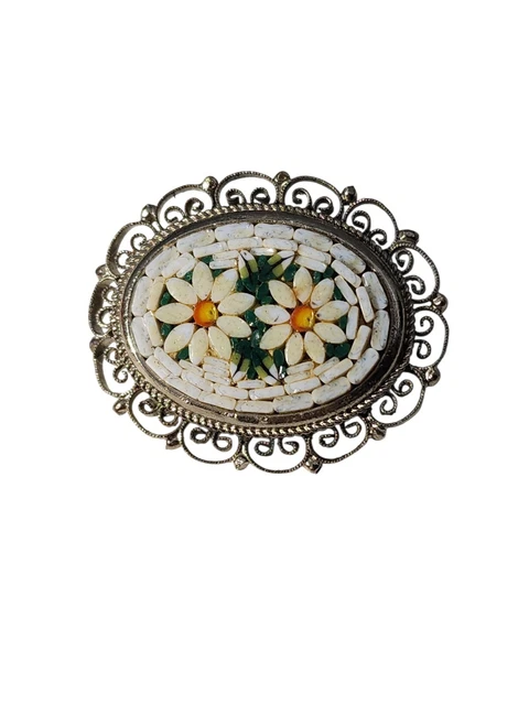 Broche Ancienne Micro-mosaïque Fleur Multicolore 2,8x2,2 Cm - Occasion