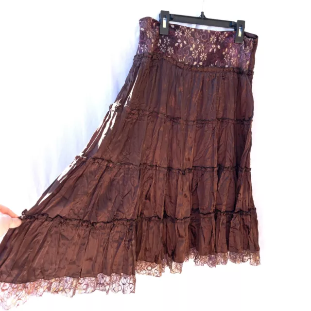 y2k whimsygoth boho brown silky tiered maxi skirt with purple/brown lace trim