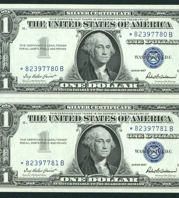 **STAR** ((TWO CONSECUTIVE)) $1 1957 ((CHOICE CU)) Silver Certificate Note
