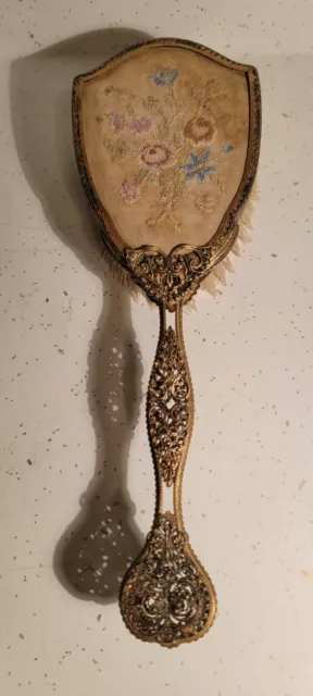 Victorian Antique French (?) Ornate Gold Gilt Hair Brush With Needlepoint Rare