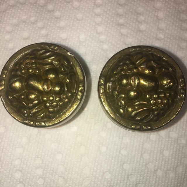 2 Vtg Solid Brass Cabinet Door Hardware Drawer Pull Knob Fruit Design 60s 1.25"