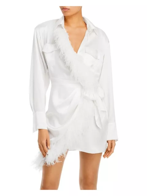 DAVID KOMA Womens White Feathered Tie Unlined Cuffed Sleeve Mini Wrap Dress 8