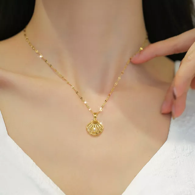 Fashion Gold Plated Shell Pearl Pendant Necklace Stainless Steel Women's Jewelry 2
