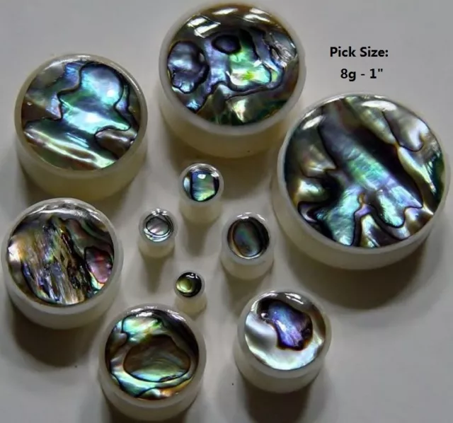 Pair Organic ABALONE SHELL INLAY WHITE BONE Saddle Ear Plugs Gauge Pick Size