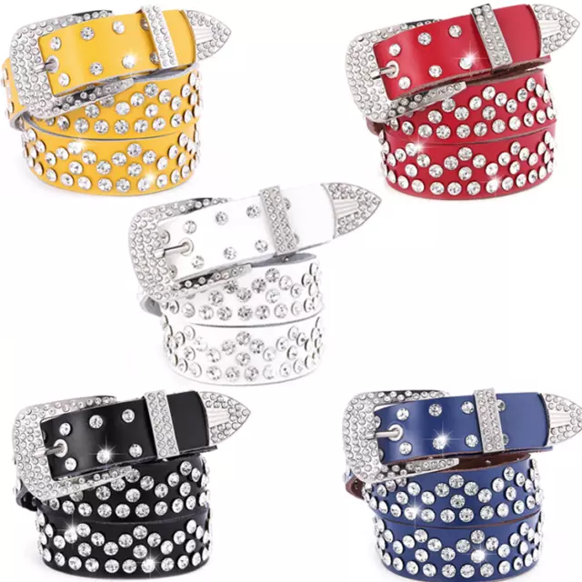 Women Rhinestone Western Cowgirl Bling Studded Design Leather Belt 43''