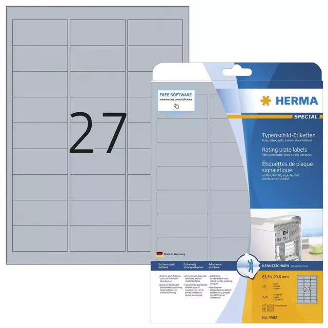 HERMA Typenschild-Etiketten SPECIAL 63,5 x 29,6 mm silber 270 Etiketten