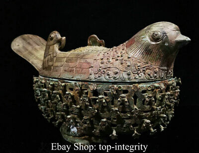 14" Rare Old Chinese Bronze Ware Dynasty Palace Bird Beast Lid Vessel Statue