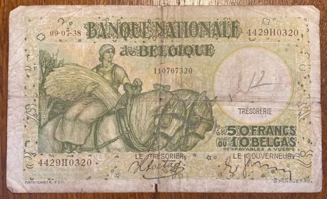 Belgique Billet De 50 Francs 10 Belgas Du 09-07-1938 (Bill 155)