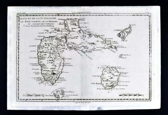 1780 Bonne Map Guadeloupe Marie Galante La Desirade France West Indies Caribbean