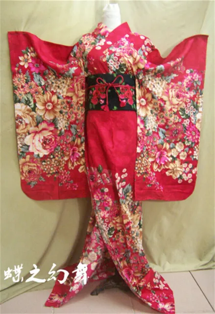 Japanese Traditional Furisode Women Long Red Floral Kimono Cosplay Costume Dress