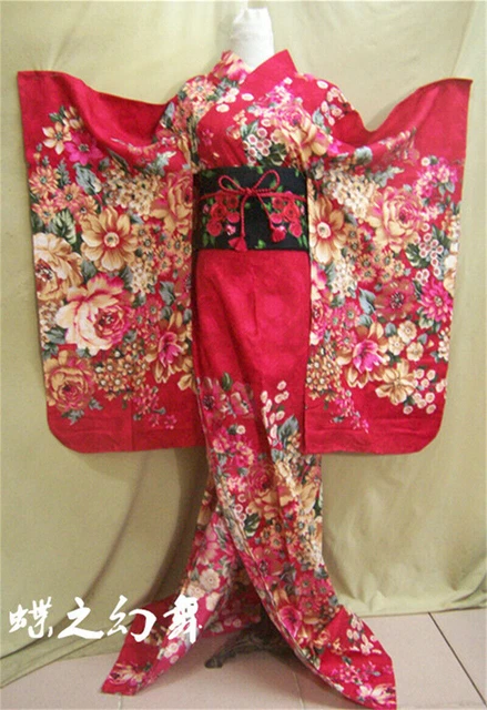 Japanese Traditional Furisode Women Long Red Floral Kimono Cosplay Costume Dress