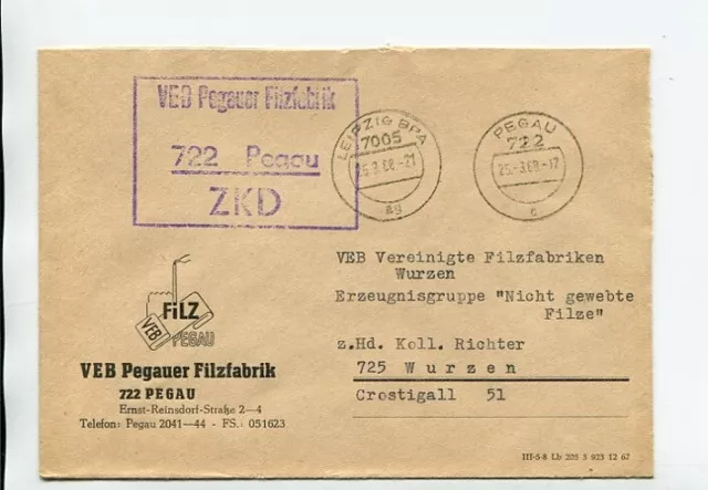 DDR Dienst ZKD Brief Pegau 25.3.68 VEB Pegauer Filzfabrik mit Postleitzahl