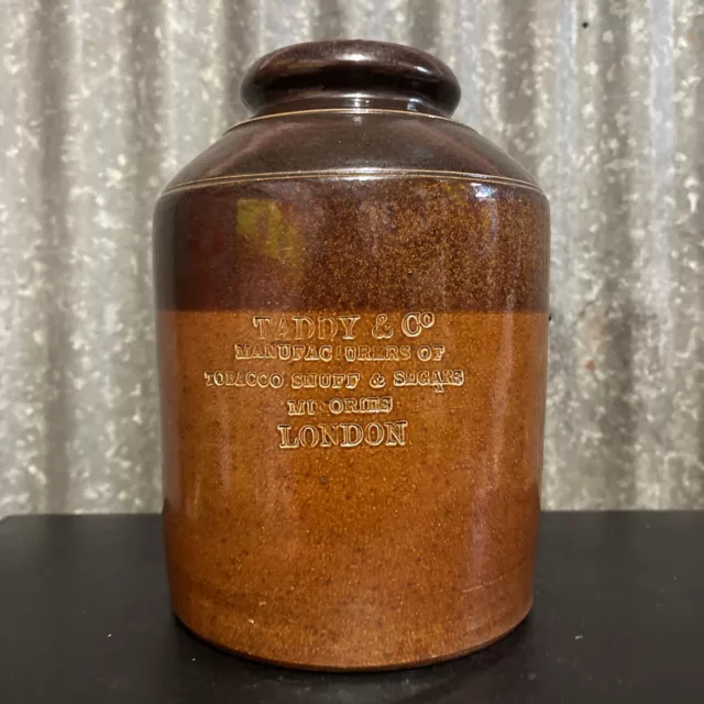 Antique Taddy & Co Tobacco Snuff & Segars Vintage Stoneware Jar Made In London