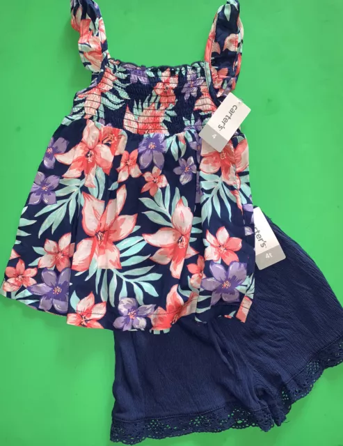 NEW! Carters Girls Floral Pink Blue 2 Pc Lot Shirt Shorts 4T 4 Gift! Outfit $42
