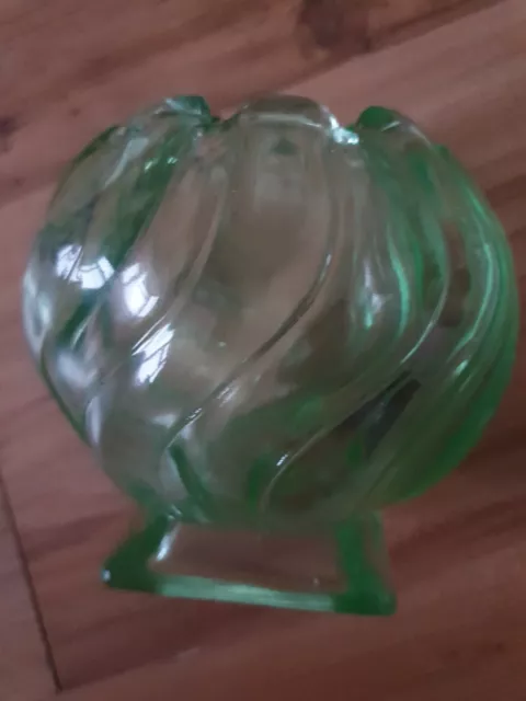 Art Decco Vase Green Glass Round With Chunky Square Base In Lovely Condition