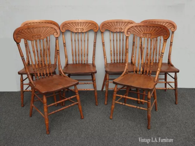 Set of Six French Country Oak Ornate Back Rest Dining Room Chairs