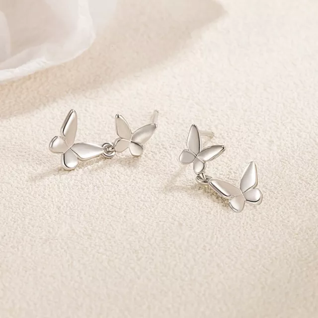 925 Sterling Silver Cute 2 Butterfly Dangle Drop Stud Earrings Women Girl Gift 3