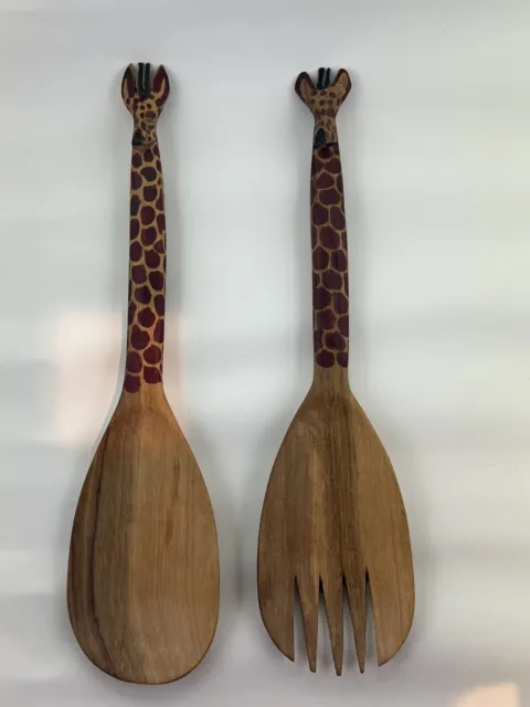 Wooden Giraffe Handle Salad Servers Spoon & Fork, Carved Utensils