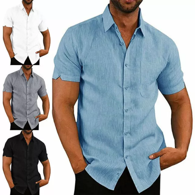 Uomo Cotone Manica Corta Lino Camicia Casual Solido Largo a Bottoni Top Nuovo+