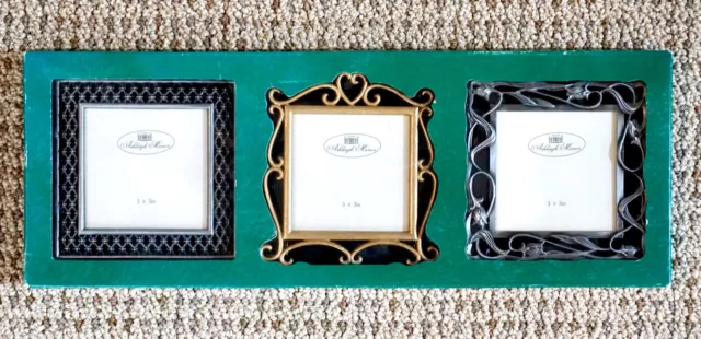 Ashleigh Manor Set of 3 Metal 3"x3" Picture Frames, Pewter & Brass, New in Box!