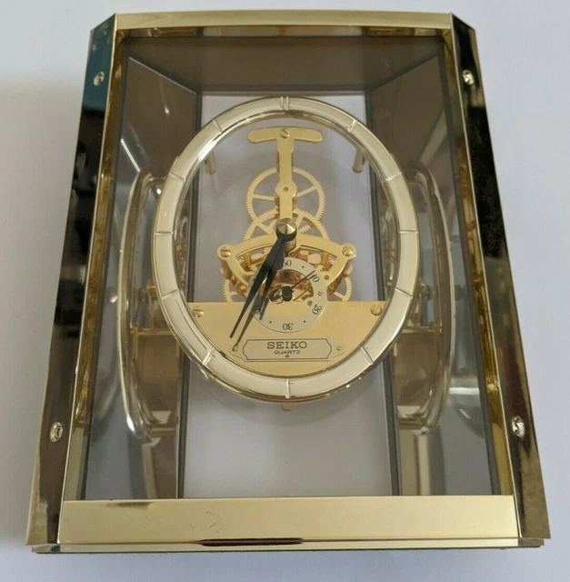 VINTAGE SEIKO QUARTZ Lucite Brass Skeleton Mantel Clock QAW110G Japan