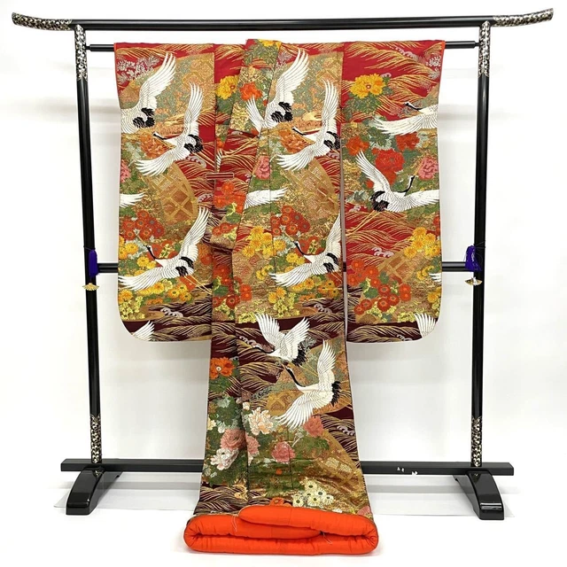 Japanese Kimono Uchikake Luxurious Wedding Embroidery Pure Silk Crane Red K456 2