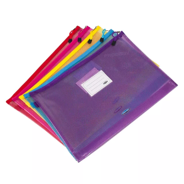 5 x Extra Large A4 Zip Mesh Wallets Expanding Document Storage File Bag Folders