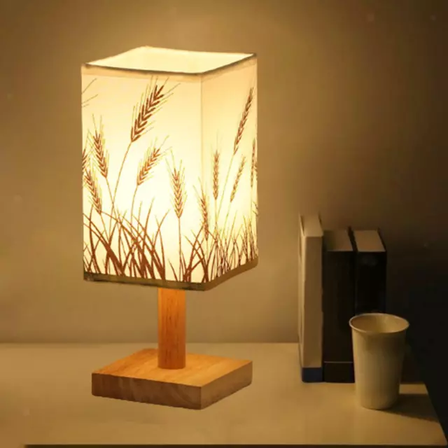 Bedside Table Lamp Decorative with Flaxen Fabric Shade Wood Base Warm