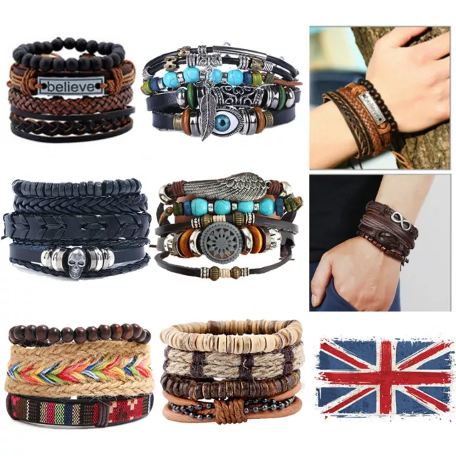 Mens Women Real Leather Bracelet Wristband Bangle Punk Beaded Wrap Birthday Gift