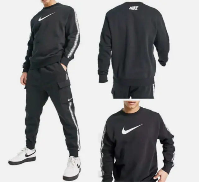 Nike Repeat Mens Fleece Tracksuit Sweatshirt Jogger Set Top Bottom Black