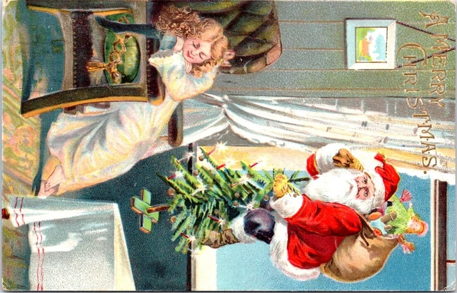 Full Length SANTA Climbing Through Window with a CHRISTMAS Tree Postcard