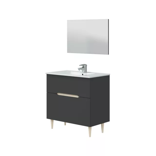 Mobile Bagno Da Terra 80 Cm Con Lavabo E Specchio Denver Rovere/Antracite