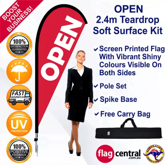 OPEN Red 2.4m Teardrop Flag/Banner Kit with Spike *Promotional *Cost Effective