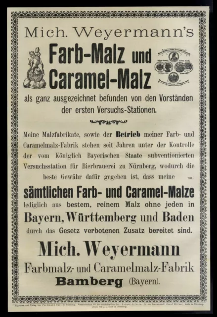 Riesige alte Werbung 1904 Farbmalz Caramelmalz-Fabrik Mich. Weyermann Bamberg