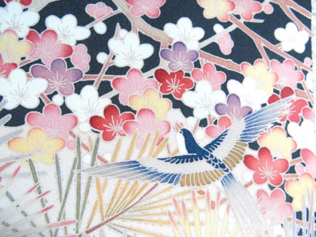 [AYANE] LITTLE BIRDS FLOWERS (narrow) -Japanese Silk KIMONO Fabric