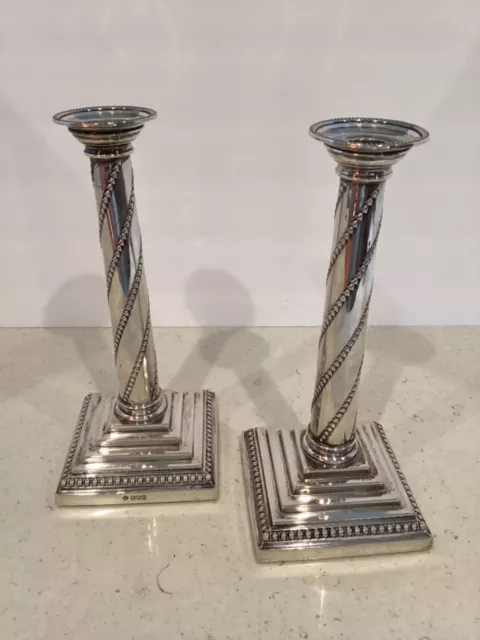 Pair of antique English sterling silver neoclassical candlesticks, hallmarked