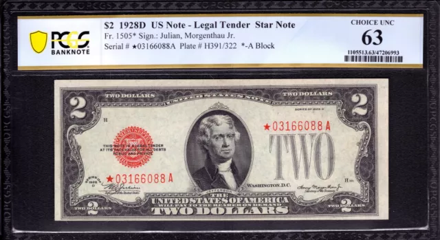 1928 D $2 Legal Tender Red Seal Star Note Fr.1505* Pcgs B Choice Unc Cu 63
