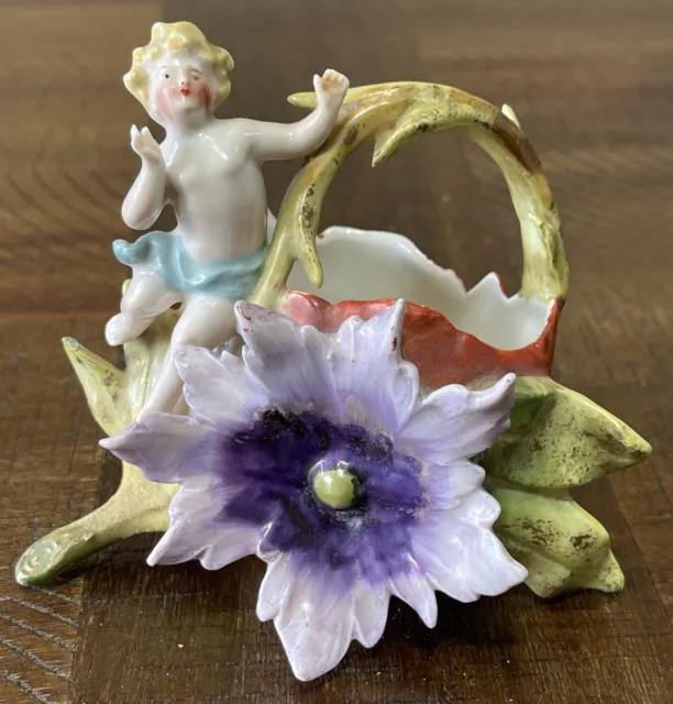 Antique Angel Cherub With Flower Basket Putti Porcelain French Style