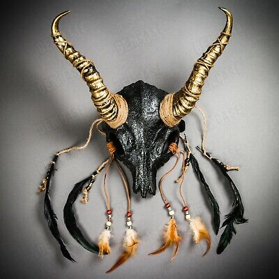 Antelope Devil Animal Skull with Gold Impala Horns Party Masquerade Mask Black