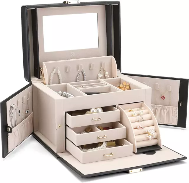 Vlando One-Handed Mirrored Jewelry Box Organizer, 3 Layers High Capacity Soft PU