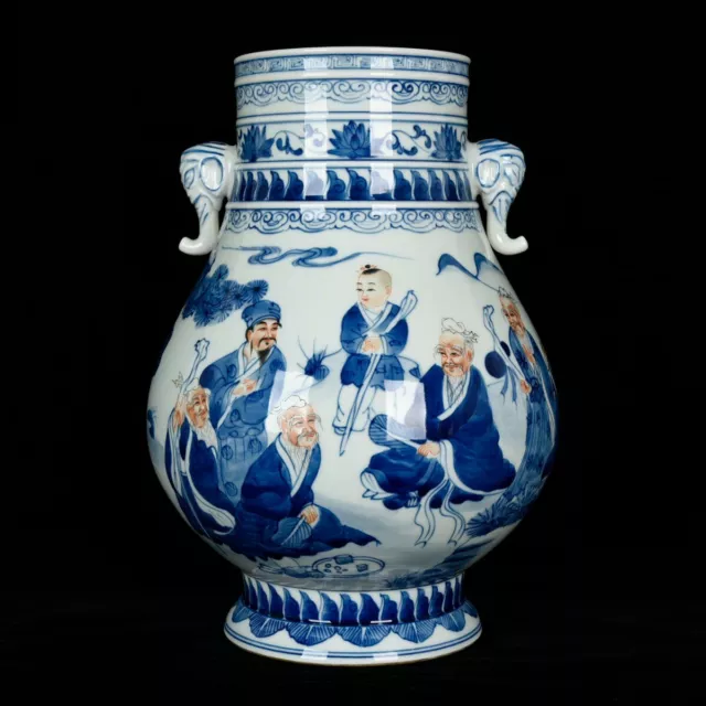 11.6 " Old Chinese Blue White Porcelain Dynasty Figure Elephant Ear Bottle