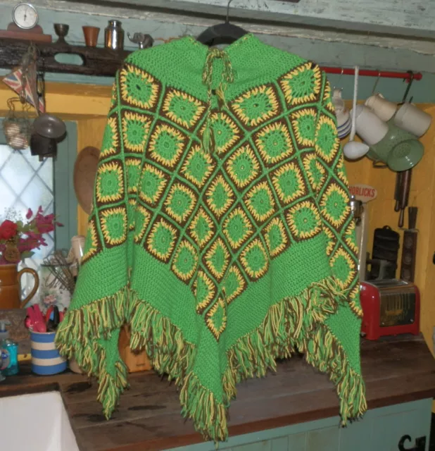 Vintage 1970s Hand Knitted 100% Wool Crochet Poncho, Small To Medium,MC On Green