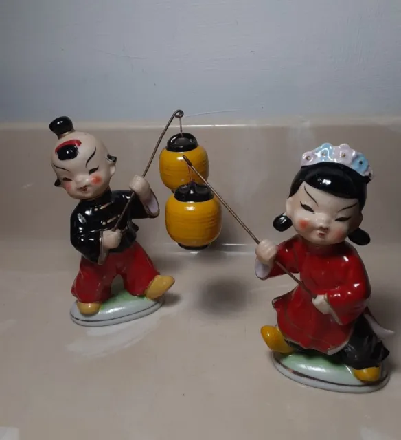 Oriental Asian Boy & Girl w/ Japanese Lanterns Vintage figurines BACO