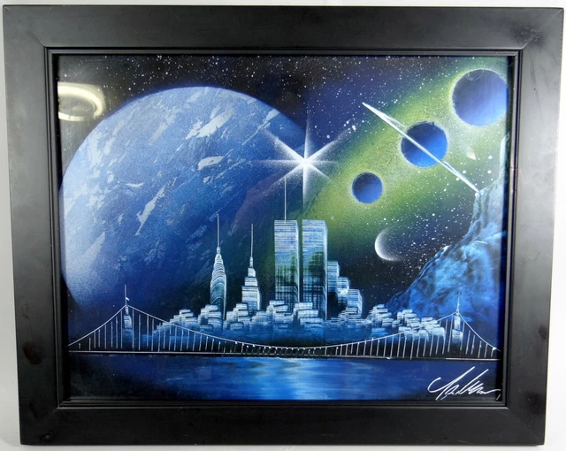 NEW YORK TWIN Towers Original Art Spray Paint Signed Futuristic