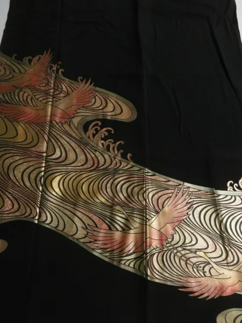 3K01z210 Japanese Kimono Silk Artist work FABRIC Black Rinpa crane 46.5"
