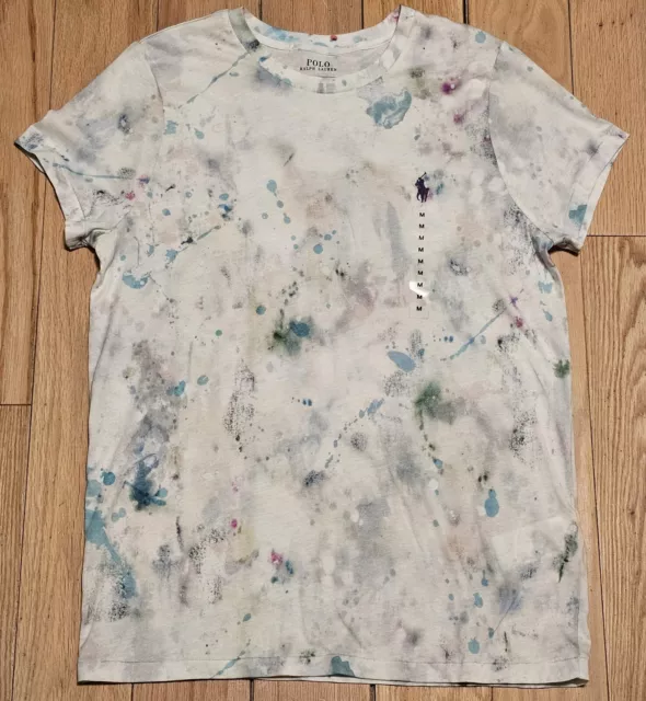 NWOT Polo Ralph Lauren Women's White Paint Splatter Navy Blue Pony Tee