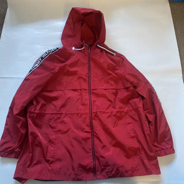Tommy Hilfiger Red Logo  Windbreaker Hooded Rain Jacket Mens SZ Large Full Zip