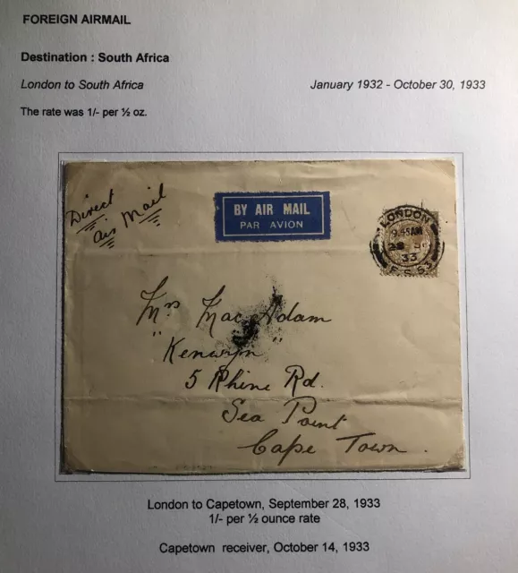 1933 London England Early Airmail Cover To Capetown South Africa