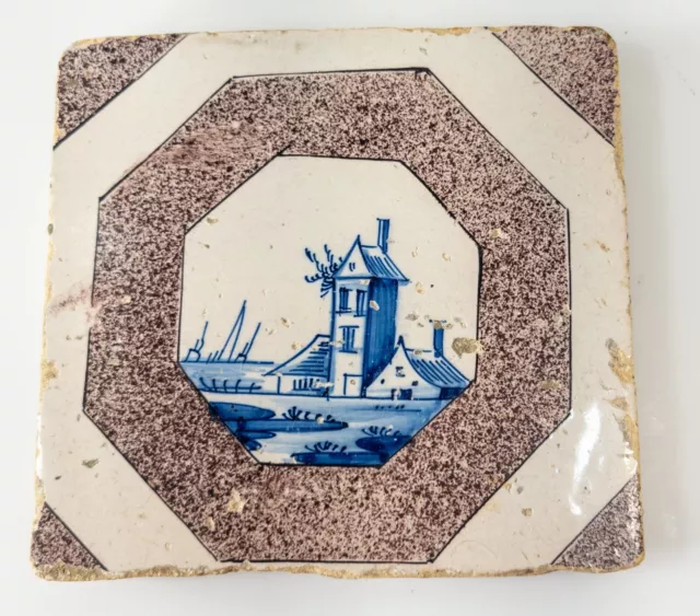 Antique 18th C. English Bristol or Dutch Delft and Manganese Tile