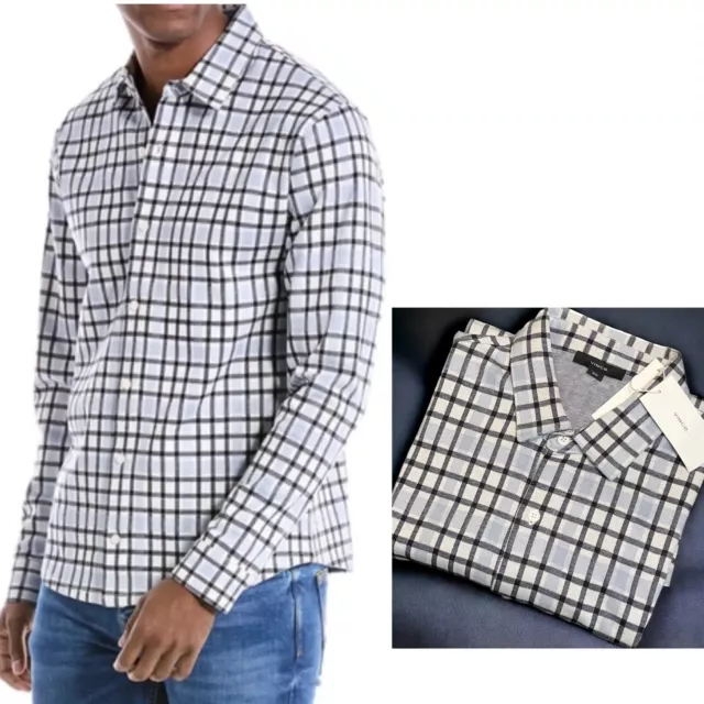 VINCE Men’s Light Blue | Black Plaid Button Up Shirt Medium Double Knit NWT $245